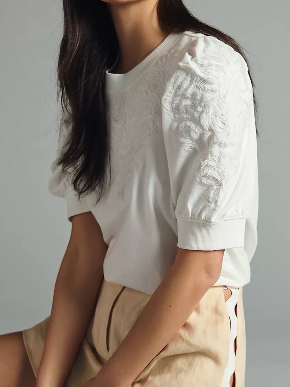 Anthropologie Embroidered Puff-Sleeve Sweatshirt L White Ivory Textured